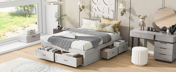 English Elm Queen Platform Bed with Six Storage Drawers Low Profile Frame for Modern Bedrooms Antique White N708P263022K-1