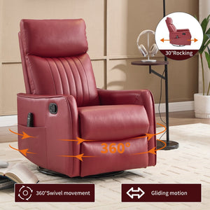 English Elm Blue Fabric Swivel Rocker Recliner with Massage Heat Nodes for Living Room Comfort Red W1803P321820