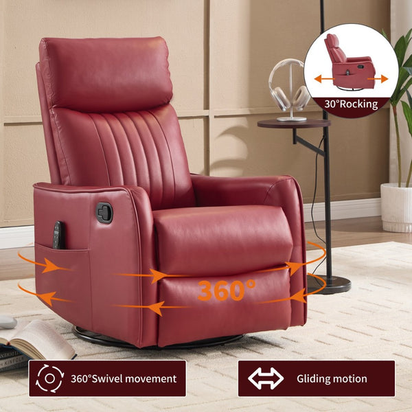 English Elm Blue Fabric Swivel Rocker Recliner with Massage Heat Nodes for Living Room Comfort Red W1803P321820