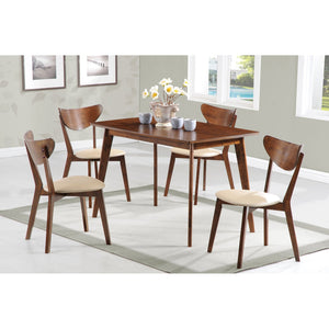 English Elm Daglosten Mid-Century 5-Piece Dining Set in Chestnut & Off-White — Curved Cutout Backs, Upholstered Tan Seats, Slim Legs B062S00882
