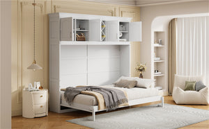 English Elm Queen Murphy Wall Bed with Storage Cabinets and Wine Rack for Small Space Living White LP000879AAK-1