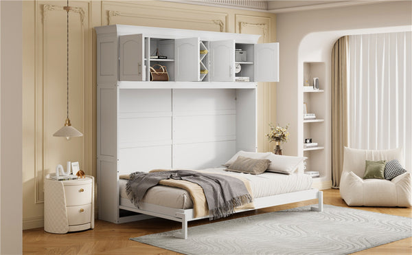 English Elm Queen Murphy Wall Bed with Storage Cabinets and Wine Rack for Small Space Living White LP000879AAK-1