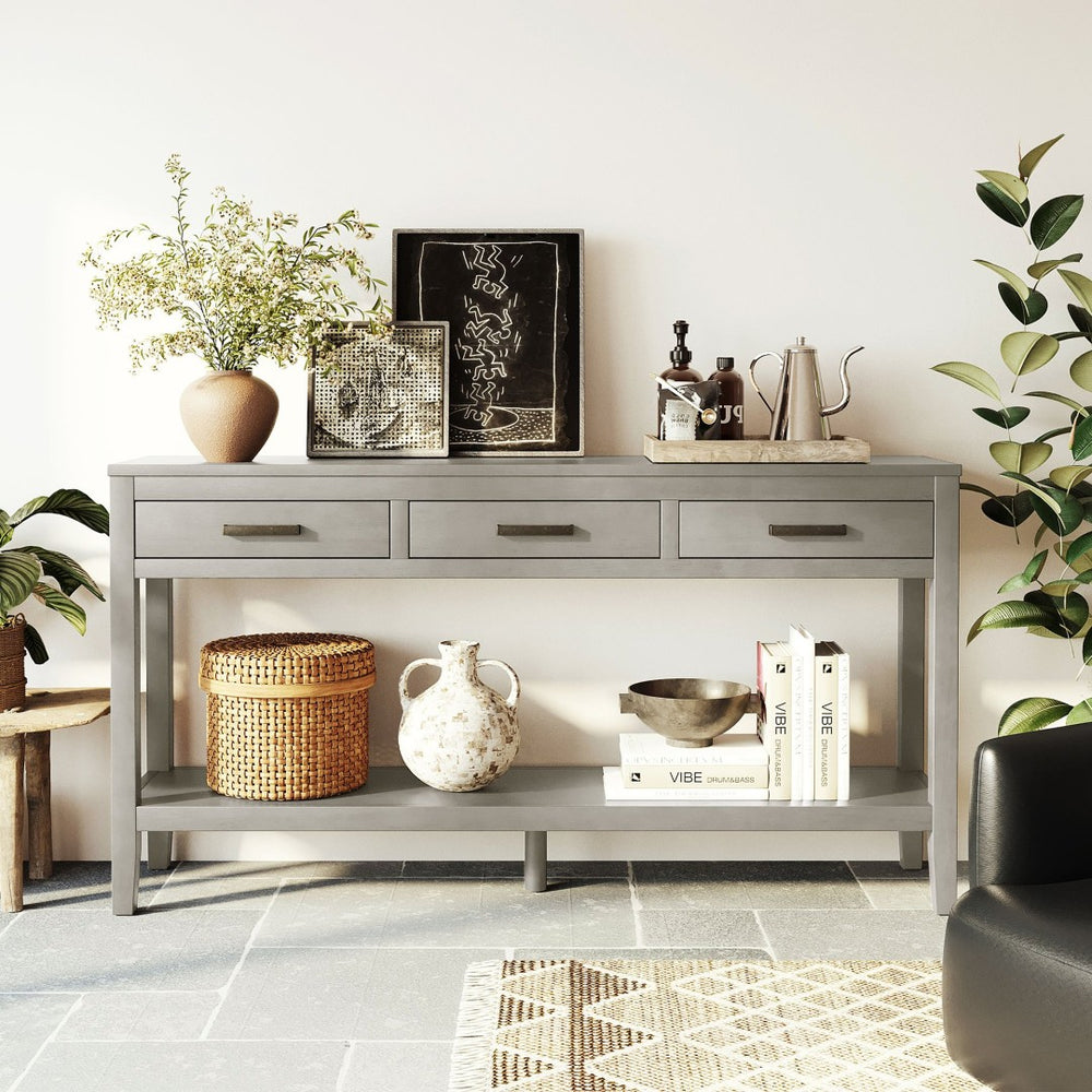English Elm U_style Farmhouse Console Table with Three Drawers Open Shelf Entryway Organizer N711P410445E