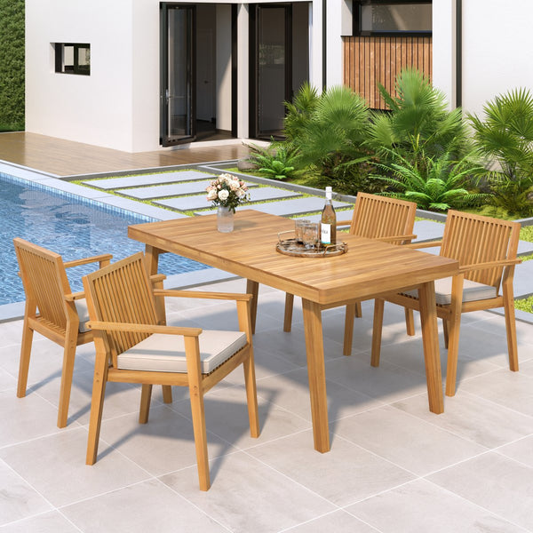 English Elm Christopher Knight Home® - Durable 5-Piece Outdoor Dining Set - Acacia Wood Table & 4 Heavy-Duty Cushioned Chairs, Natural Finish N779P234497N-2_N779P234500N