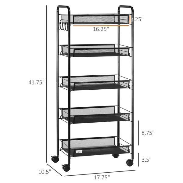 English Elm HOMCOM 5-Tier Rolling Utility Cart with Removable Wire Baskets, Steel Frame, Wheels & Brakes, Black W2225P217726