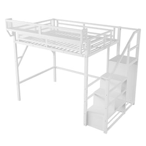 English Elm Full Size Loft Bed With Stairs & Shelves - Stylish Metal High Loft Bed For Kids & Teens, White Finish W2580S00032