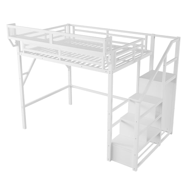 English Elm Full Size Loft Bed With Stairs & Shelves - Stylish Metal High Loft Bed For Kids & Teens, White Finish W2580S00032
