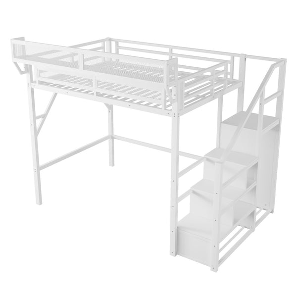 English Elm Full Size Metal Loft Bed with Stair Wardrobe and Shelves for Kids Teen Rooms W2580S00056