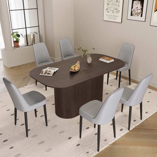 English Elm 63" Medieval-Modern Brown Mdf Dining Table & 6 Pu Chairs Set With Black Metal Legs For Home Elegance W2189S00706