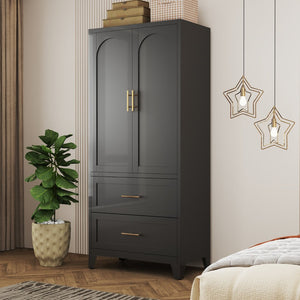 English Elm 71" Steel Wardrobe with Hanging Rod Two Drawers and Shelf for Compact Bedroom W3387P411306