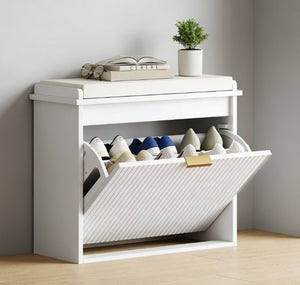 English Elm Shoe Storage Bench with Flip Cabinet Cushioned Seat Beadboard Entryway Organizer T3971P430894