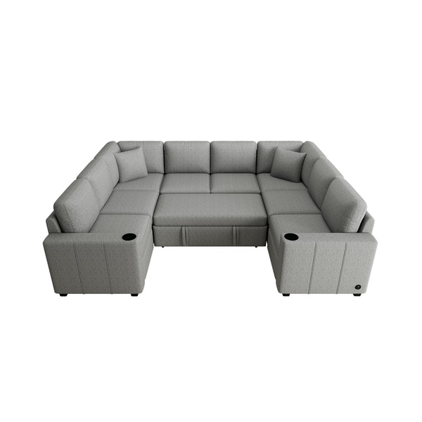 English Elm 107.1" Sectional Sofa Convertible U-Shaped Pull-Out Bed with USB Ports, Chenille, Cup Holders, Elegant Stitching Gray N719S001931E