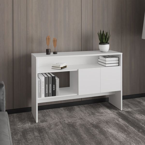 English Elm Bellagio Narrow 48.7" 2-Tier Console Table in White with Double-Door Cabinet & Open Shelves B070P234362