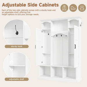 English Elm On-trend Farmhouse Hall Tree with Dual Cabinets Seven Hooks and Arched Entryway Storage White N721S000078K