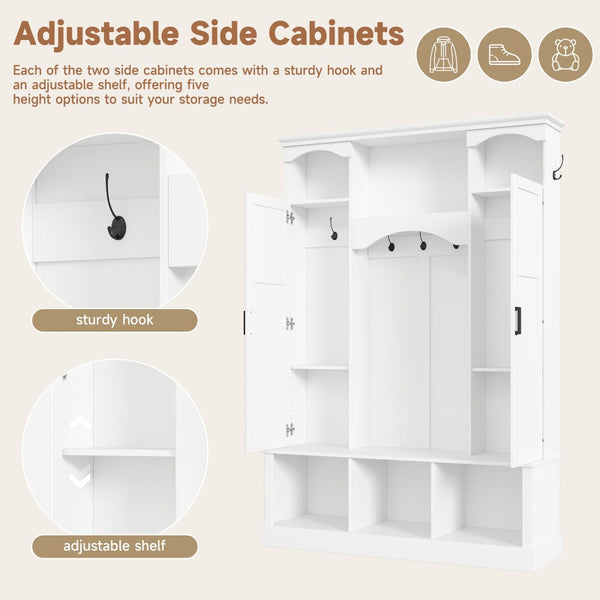 English Elm On-trend Farmhouse Hall Tree with Dual Cabinets Seven Hooks and Arched Entryway Storage White N721S000078K
