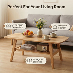 English Elm Mid Century Modern Solid Oak Two Tier Coffee Table with Open Shelf for Living Room Wood W3204P469106