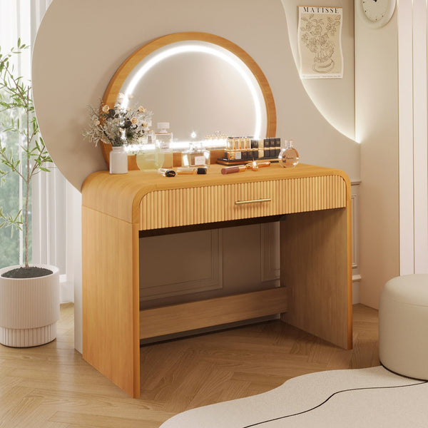 English Elm 39" Makeup Vanity Table with Touchscreen LED Mirror, Sleek Dressing Table with Drawer and Glass Top - Durable Rubberwood, Fast Assembly Natural N704P196658N