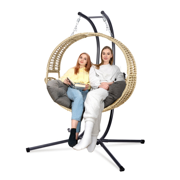 English Elm Double Hanging Egg Chair with Stand — Oversized 2-Person Wicker Rattan Swing, 700lb Capacity, Convertible Recliner W2500P290325