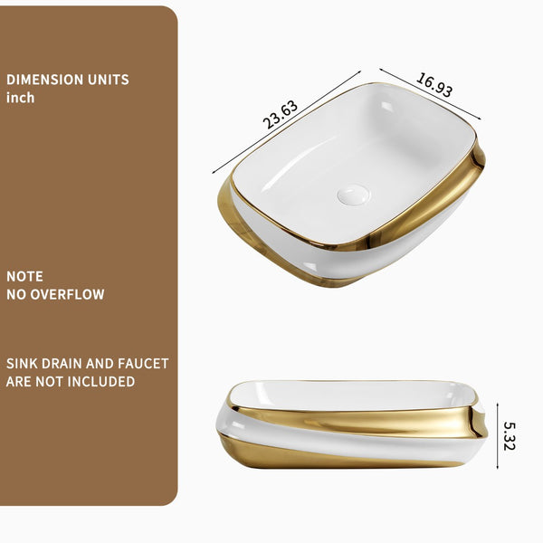 English Elm 24x17" Ceramic Vessel Sink Gold Rim Above Counter Vanity Basin for Modern Bathrooms W3402P435606