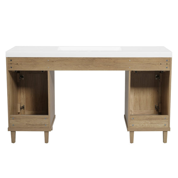 English Elm 60 Inch Double Sink Bathroom Vanity Rattan Pine Legs Soft Close Storage Brown Wood N817P296127N