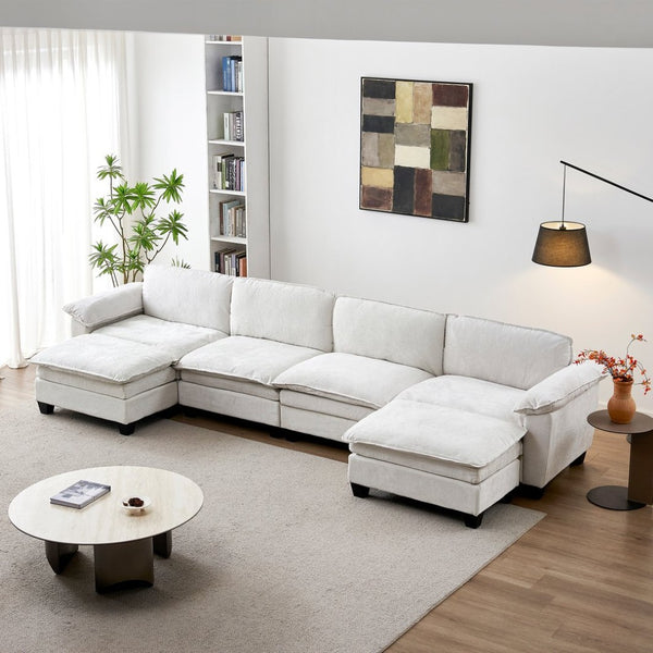 English Elm Living Room U-shape Chenille Sectional Sofa with Two Ottomans Pocket Coil Support Beige W1097S00237