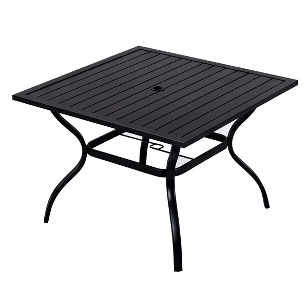 English Elm Metal Square Outdoor Dining Table Powder Coated Steel Slatted Top Seats Four W5159P445936