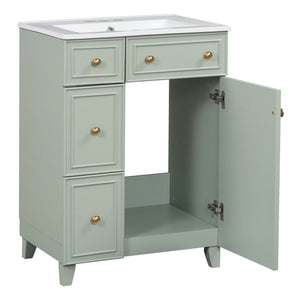 English Elm 24-Inch Bathroom Vanity Cabinet with Ceramic Sink, Space-Saving Storage, Solid Wood Feet, Durable Finish Green WF532034AAF