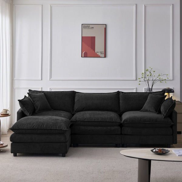 English Elm 105" L-shaped Chenille Sectional with Ottoman Pocket Spring Living Room Sofa Black W1097S00229