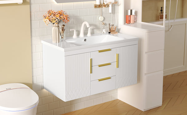 English Elm 36'' Wall Mounted Bathroom Vanity with Sink, Floating MDF Cabinet, 2 Drawers, Rust-Resistant Handles White N710P253035K