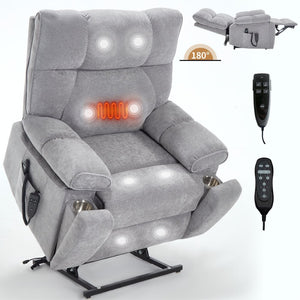 English Elm Beige Chenille Power Lift Recliner Dual Motor Massage Heat 350 Lb Capacity Gray W1803P264031