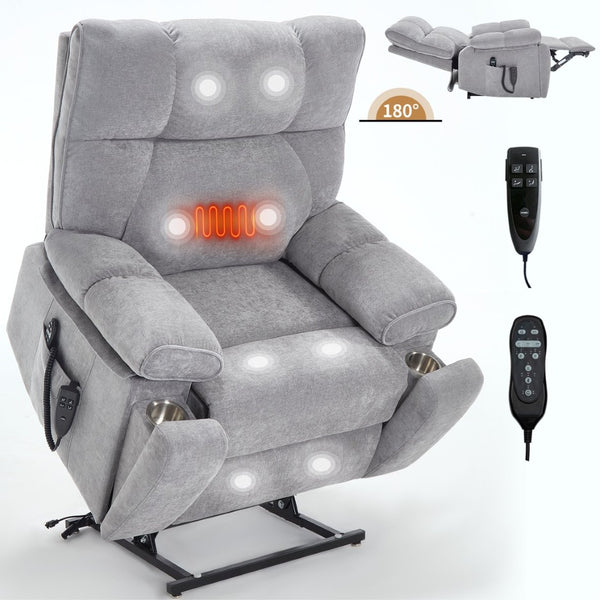 English Elm Beige Chenille Power Lift Recliner Dual Motor Massage Heat 350 Lb Capacity Gray W1803P264031