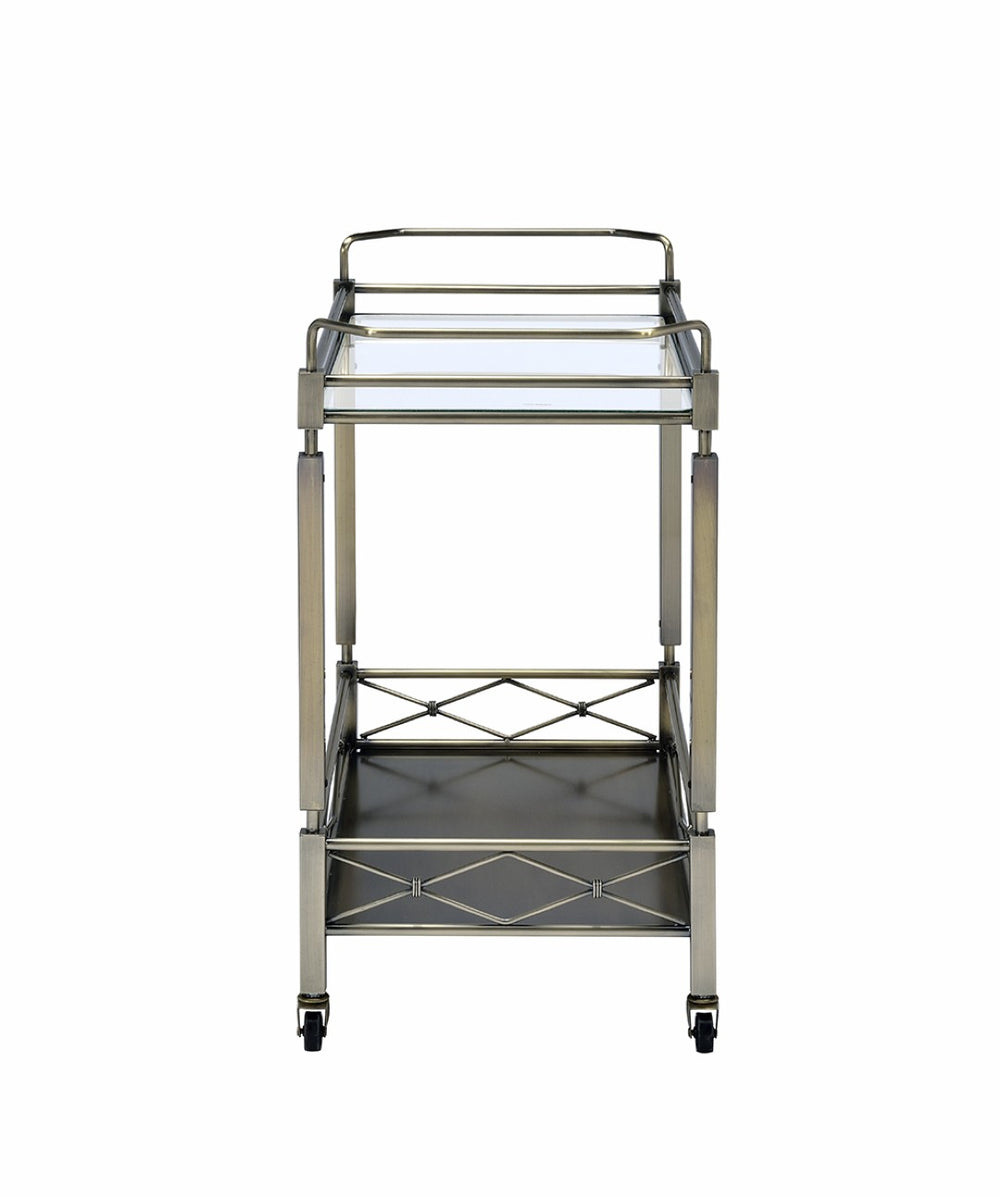 English Elm Matiesen Antique Gold Metal Bar Cart with Tempered Glass Top and Rolling Casters B2726P457128