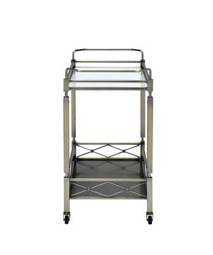 English Elm Matiesen Antique Gold Metal Bar Cart with Tempered Glass Top and Rolling Casters B2726P457128