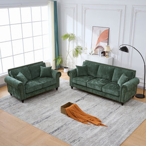English Elm Modern Chenille 3+2 Seater Sofa with Rolled Arms, Velvet Touch, Nailhead Trim, Solid Wood Legs, Cozy Green W3373S00044