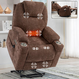 English Elm Up to 350 Lbs Chenille Power Lift Recliner with Massage Heating and Usb Charging Ports Brown W3224S00001