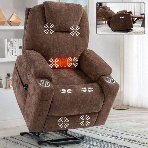 English Elm Up to 350 Lbs Chenille Power Lift Recliner with Massage Heating and Usb Charging Ports Brown W3224S00001