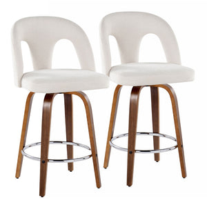 English Elm Fixed-height Swivel Counterstools with Walnut Legs Chrome Footrest and White Upholstery B202S01788