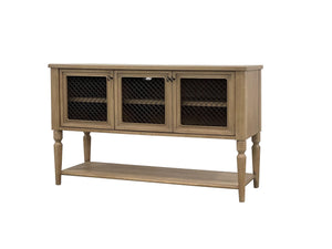 English Elm Sever Solid Wood Sideboard with Metal Mesh Doors, Open Shelf & Turned Legs for Stylish Storage Light Tan 65.5 L x 22.25 W x 26 H B2699P383828