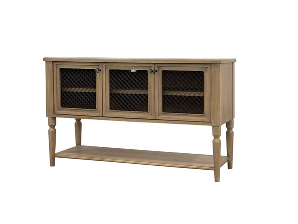 English Elm Sever Solid Wood Sideboard with Metal Mesh Doors, Open Shelf & Turned Legs for Stylish Storage Light Tan 65.5 L x 22.25 W x 26 H B2699P383828