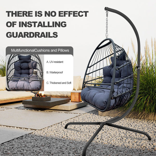 English Elm Swing Egg Chair with Stand - Foldable Wicker Rattan Hanging Basket, Safety Guardrail & Cup Holder Black W2707P184391