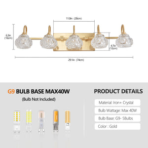 English Elm 29" Modern Crystal Bathroom Vanity Light 5-Light Elegant Wall Sconce with Clear Glass Shades for Vanity Gold W2312P374825