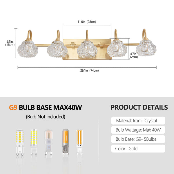 English Elm 29" Modern Crystal Bathroom Vanity Light 5-Light Elegant Wall Sconce with Clear Glass Shades for Vanity Gold W2312P374825