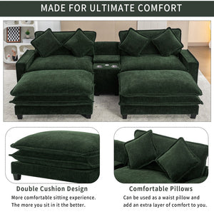 English Elm 111" Sectional Sofa Chenille Upholstered with Removable Ottoman, USB Ports, Cup Holders & Storage Box Green N719S001480F