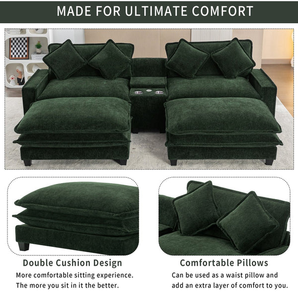 English Elm 111" Sectional Sofa Chenille Upholstered with Removable Ottoman, USB Ports, Cup Holders & Storage Box Green N719S001480F