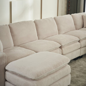 English Elm Modern U Shaped 6-Seat Sectional Sofa with Ottoman and 3 Toss Pillows, Corduroy Modular Comfort and Durable Frame White W2363S00039