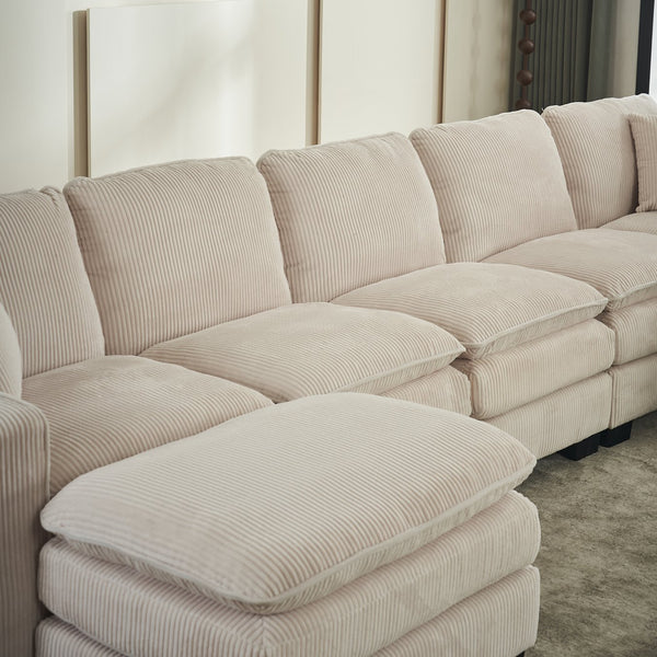 English Elm Modern U Shaped 6-Seat Sectional Sofa with Ottoman and 3 Toss Pillows, Corduroy Modular Comfort and Durable Frame White W2363S00039
