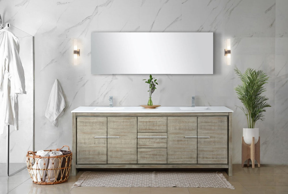 English Elm Rustic Acacia Double Bath Vanity With White Quartz Top & Chrome Faucet, Includes 70 In. Mirror B2731S01692-GIGA
