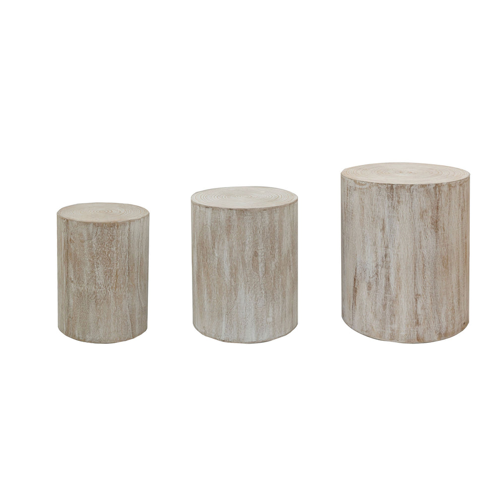 English Elm Set of 3 Whitewashed Wood Accent Tables - Rustic Tree Trunk Cylindrical Side Tables for Cozy Homes W2729P209831