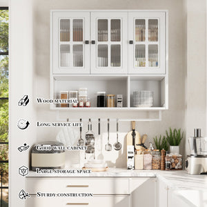 English Elm Bathroom Wall Cabinet with 3 Doors and Glass Panel, MDF Storage Cabinet with Towel Bar, Modern 35.6"L x 10.2"W x 32.5"H White W757P329727