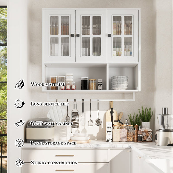 English Elm Bathroom Wall Cabinet with 3 Doors and Glass Panel, MDF Storage Cabinet with Towel Bar, Modern 35.6"L x 10.2"W x 32.5"H White W757P329727